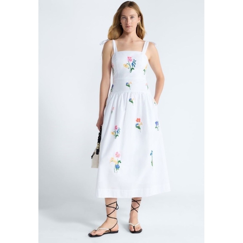 Free Assembly Embroidered Cotton Sleeveless Maxi Dress Tie-Shoulder Straps